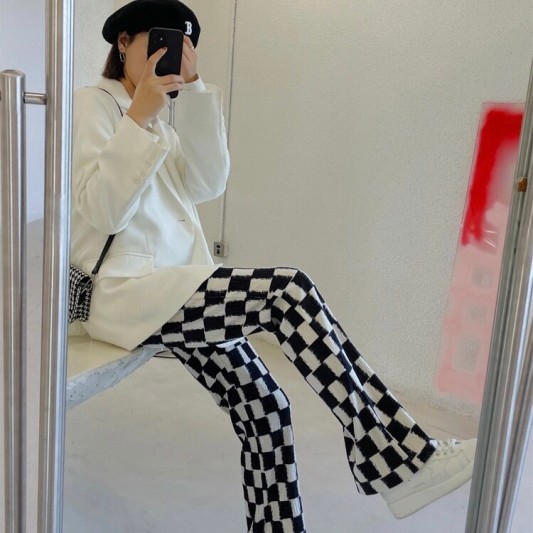 棋盘格微喇叭直筒长裤